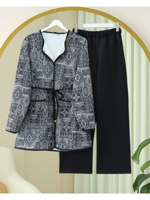 Beli Bağlamalı Çift Cepli Desenli Scuba Takım -Siyah