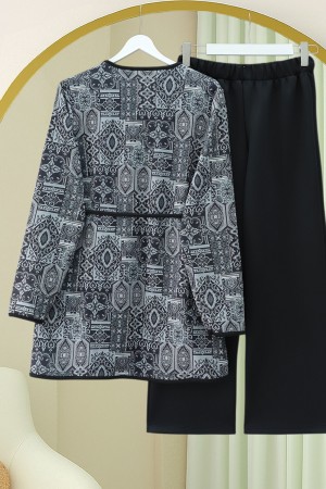 Beli Bağlamalı Çift Cepli Desenli Scuba Takım -Siyah