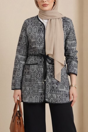 Beli Bağlamalı Çift Cepli Desenli Scuba Takım -Siyah