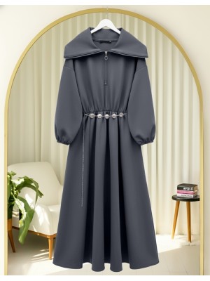 Boğazlı Yarım Fermuarlı Beli Büzgülü Kemerli Scuba Elbise  -Füme