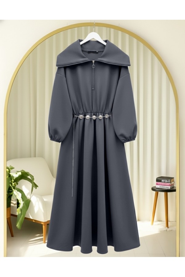 Turtleneck Half Zippered Scuba Dress with Gathered Waist and Belt  -Smoked 