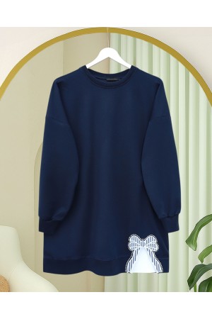 Yuvarlak Yaka Eteği Fiyonk Detaylı  Salaş Penye Tunik  -Laci