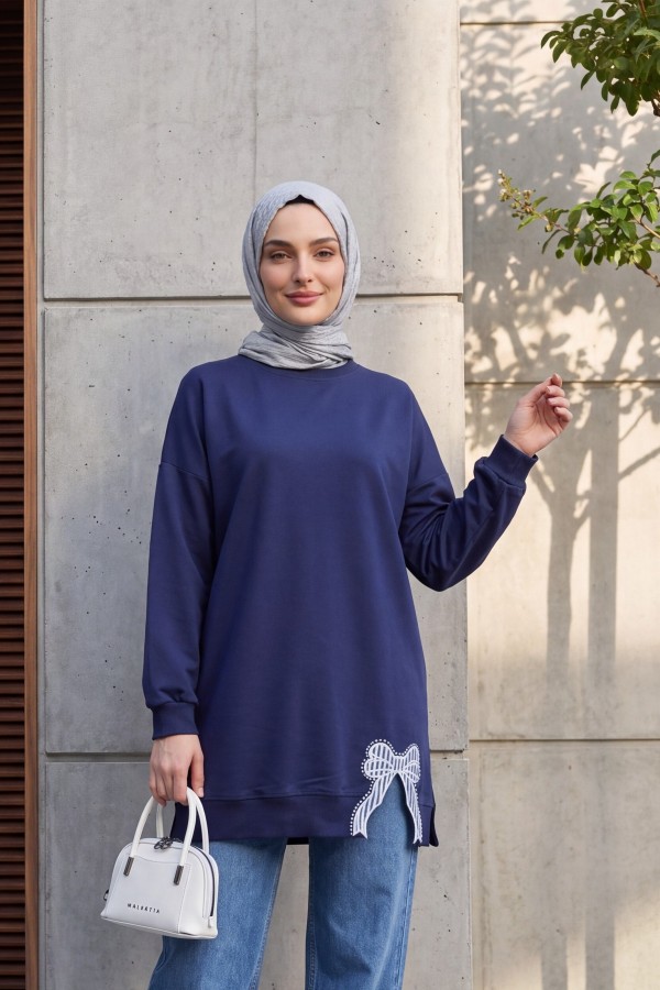 Yuvarlak Yaka Eteği Fiyonk Detaylı  Salaş Penye Tunik  -Lacivert