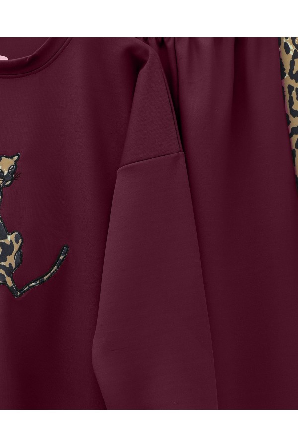 Leopar Figürlü Ve Desenli Pantolonlu Scuba Takım  -Bordo