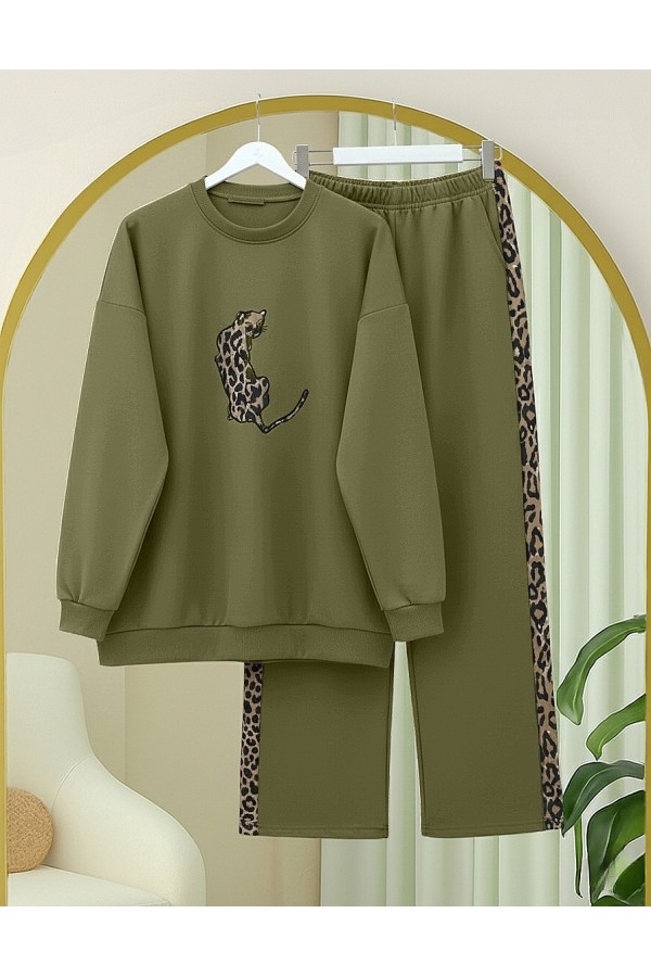 Leopar Figürlü Ve Desenli Pantolonlu Scuba Takım  -Zeytin