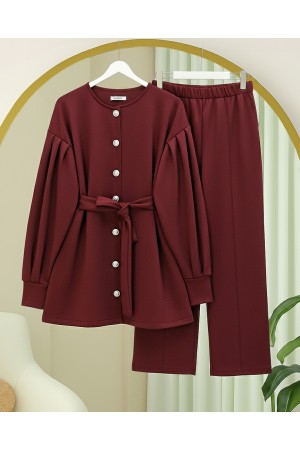 Scuba Suit with Belted Waist and Buttoned Front Trousers -Maroon