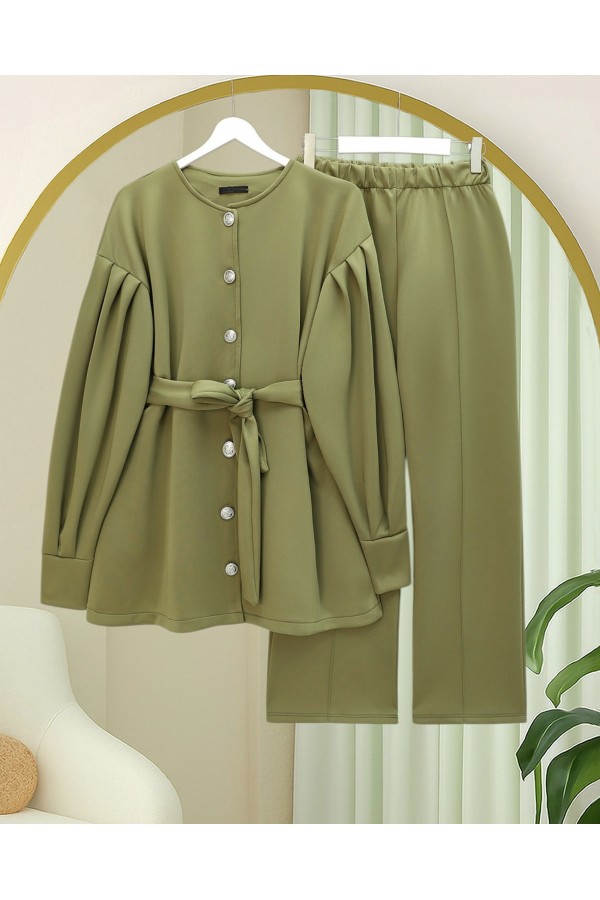 Scuba Suit with Belted Waist and Buttoned Front Trousers -Khaki