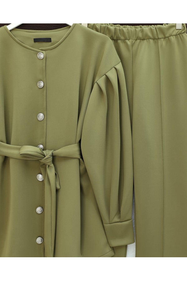 Scuba Suit with Belted Waist and Buttoned Front Trousers -Khaki