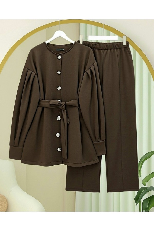 Scuba Suit with Belted Waist and Buttoned Front Trousers -Brown