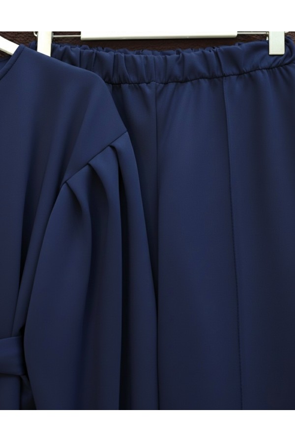 Scuba Suit with Belted Waist and Buttoned Front Trousers -Navy blue