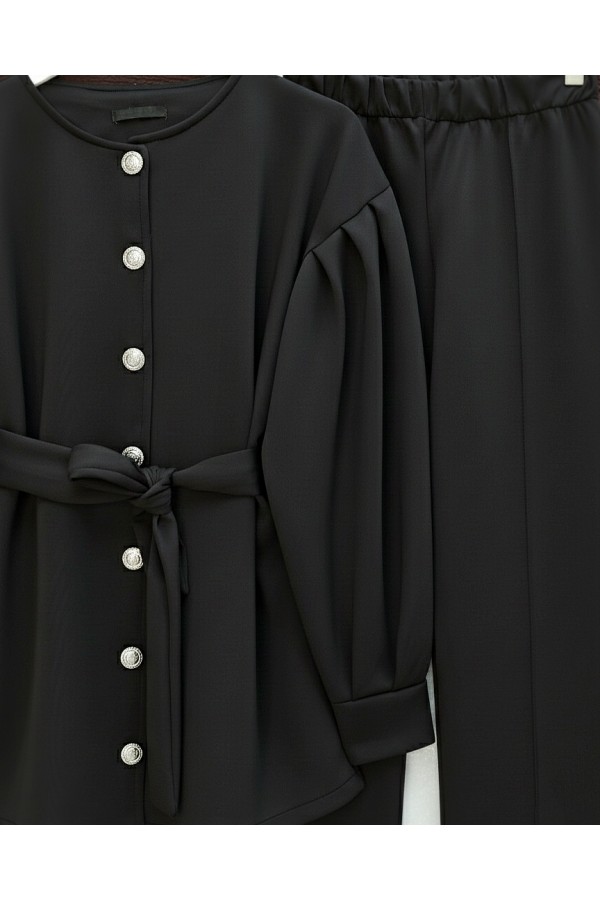 Scuba Suit with Belted Waist and Buttoned Front Trousers -Black