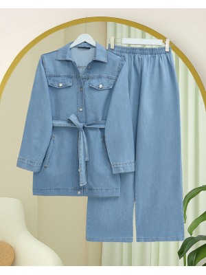 Düğmeli Beli Kemerli Cepli Kot İkili Takım -Açık Mavi