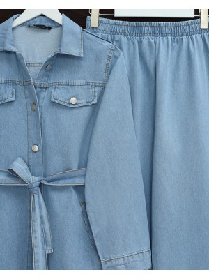 Düğmeli Beli Kemerli Cepli Kot İkili Takım -Açık Mavi