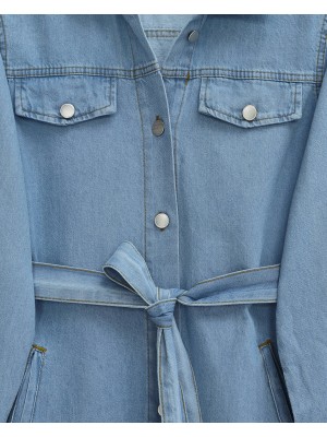 Düğmeli Beli Kemerli Cepli Kot İkili Takım -Açık Mavi