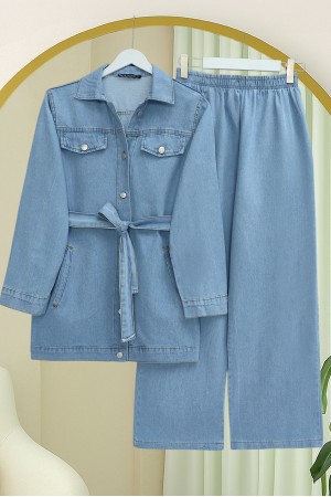 Düğmeli Beli Kemerli Cepli Kot İkili Takım -Açık Mavi