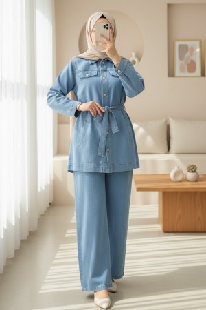 Düğmeli Beli Kemerli Cepli Kot İkili Takım -Açık Mavi