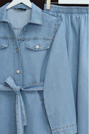 Düğmeli Beli Kemerli Cepli Kot İkili Takım -Açık Mavi