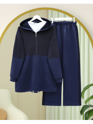 Yarım Fermuarlı Sim Detaylı Kapşonlu Üç İplik Takım  -Laci