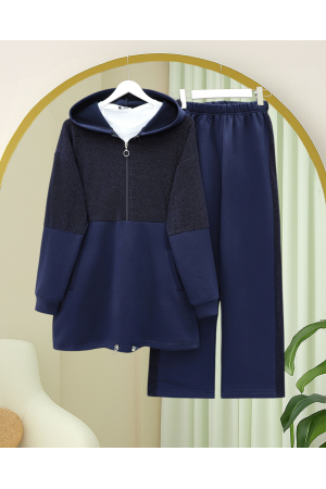 Yarım Fermuarlı Sim Detaylı Kapşonlu Üç İplik Takım  -Laci