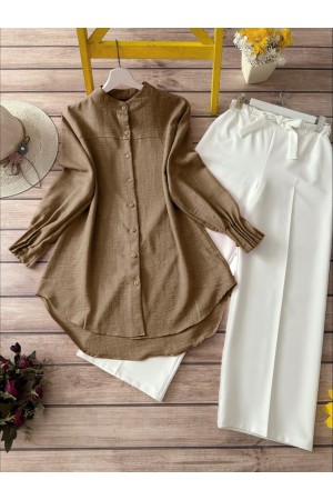 Kol Manşeti Drapeli Oval Kesim Gömlek           -Açık Kahverengi