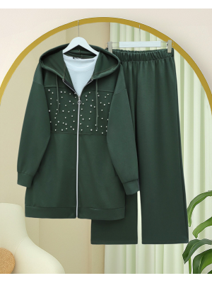 Kapşonlu Fermuarlı Önü İnci Ve Taş Detaylı Oyhso Takım -Haki