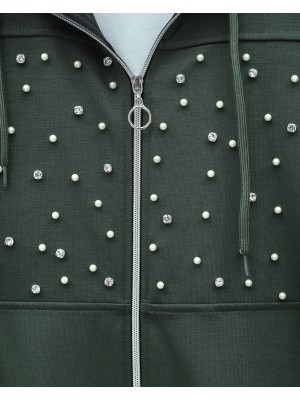 Kapşonlu Fermuarlı Önü İnci Ve Taş Detaylı Oyhso Takım -Haki