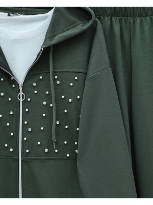 Kapşonlu Fermuarlı Önü İnci Ve Taş Detaylı Oyhso Takım -Haki