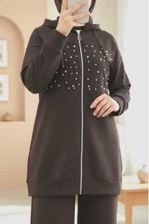 Kapşonlu Fermuarlı Önü İnci Ve Taş Detaylı Oyhso Takım -Kahve