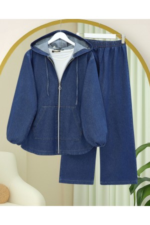 Kapşonlu Önü Fermuarlı Kolu Lastikli Cepli Kot Takım -İndigo