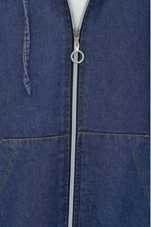 Kapşonlu Önü Fermuarlı Kolu Lastikli Cepli Kot Takım -İndigo