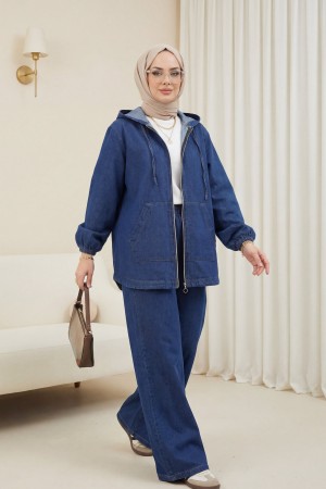 Kapşonlu Önü Fermuarlı Kolu Lastikli Cepli Kot Takım -İndigo