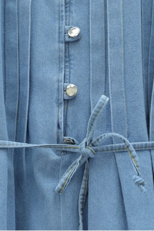 Yarım Düğmeli Önü Pliseli Beli Bağlamalı Pantolonlu Kot Takım  -Açık Mavi