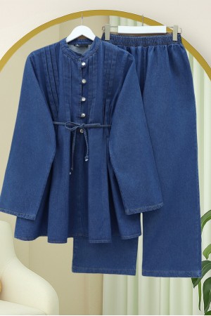 Yarım Düğmeli Önü Pliseli Beli Bağlamalı Pantolonlu Kot Takım  -İndigo