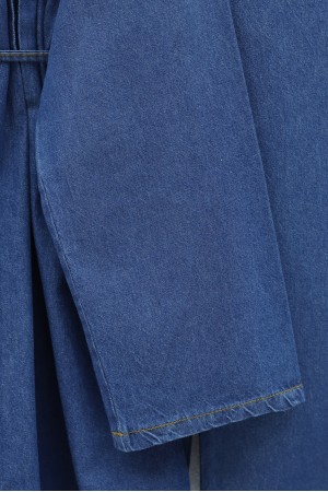 Yarım Düğmeli Önü Pliseli Beli Bağlamalı Pantolonlu Kot Takım  -İndigo