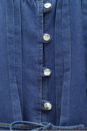 Yarım Düğmeli Önü Pliseli Beli Bağlamalı Pantolonlu Kot Takım  -İndigo