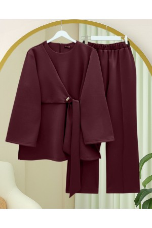 Two-piece Scuba Set with Buckled Cross-Laced Slit Pants -Maroon