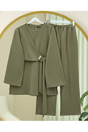Two-piece Scuba Set with Buckled Cross-Laced Slit Pants -Khaki