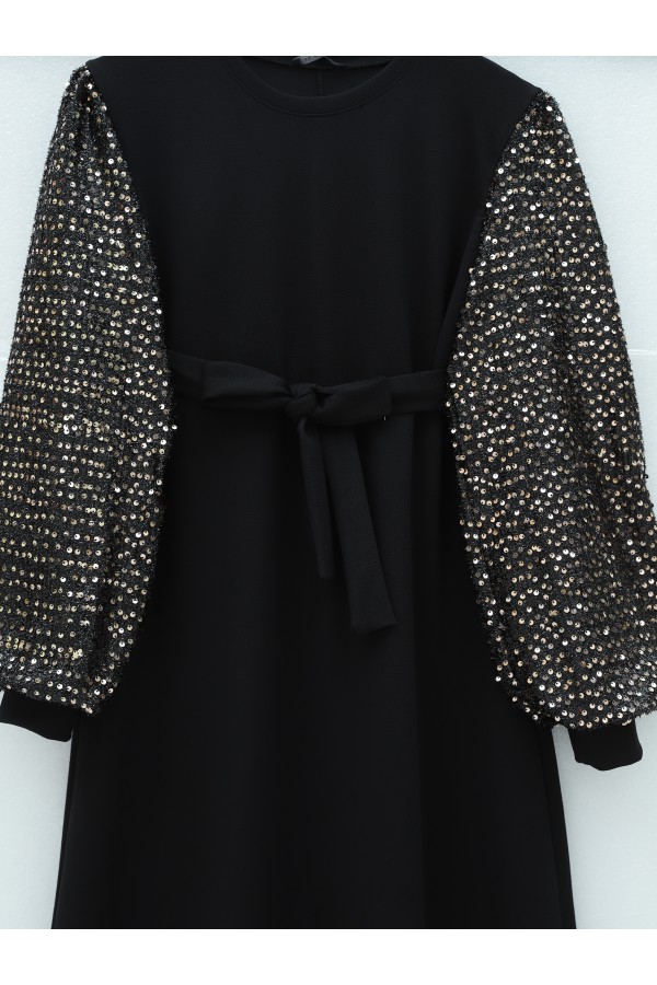 Imported Lycra Crepe Dress with Sequined Sleeves and Belt -Gold