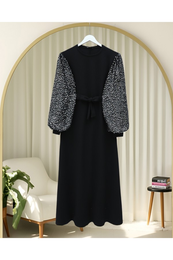 Imported Lycra Crepe Dress with Sequined Sleeves and Belt -Silver