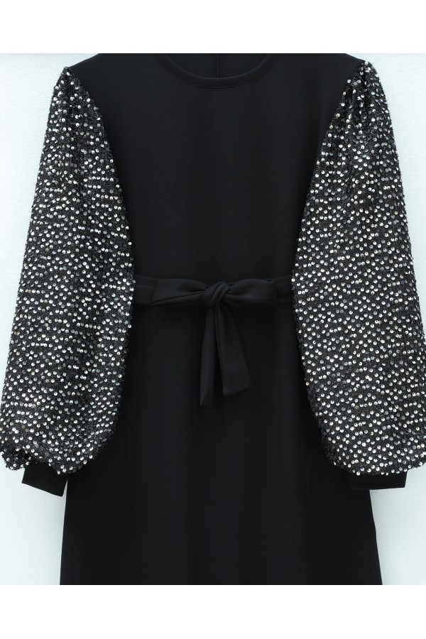 Imported Lycra Crepe Dress with Sequined Sleeves and Belt -Silver