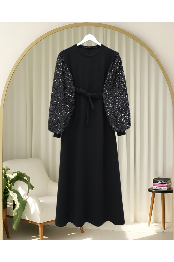Imported Lycra Crepe Dress with Sequined Sleeves and Belt -Black