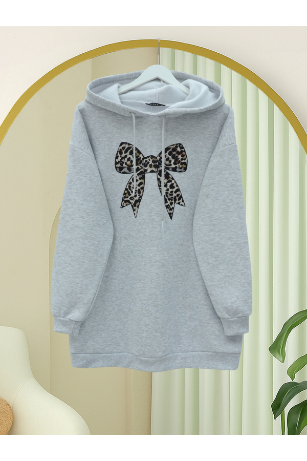 Bow Detailed Hooded Cotton Sweater  - Light grey