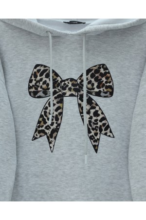 Fiyonk Detaylı Kapşonlu Penye Sweat  -Açık Gri