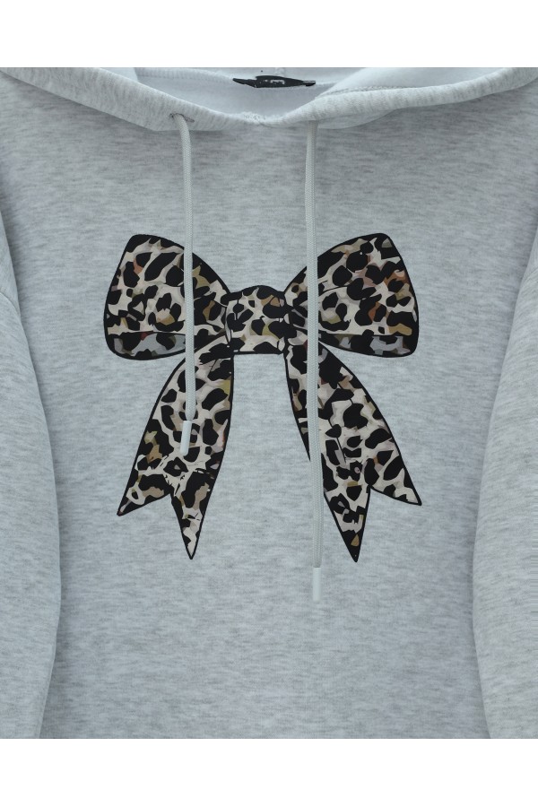 Bow Detailed Hooded Cotton Sweater  - Light grey
