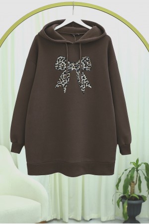 Fiyonk Detaylı Kapşonlu Penye Sweat  -Kahve