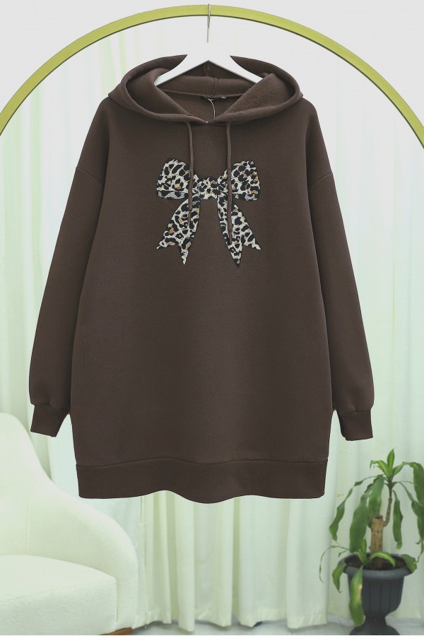 Bow Detailed Hooded Cotton Sweater  -Brown