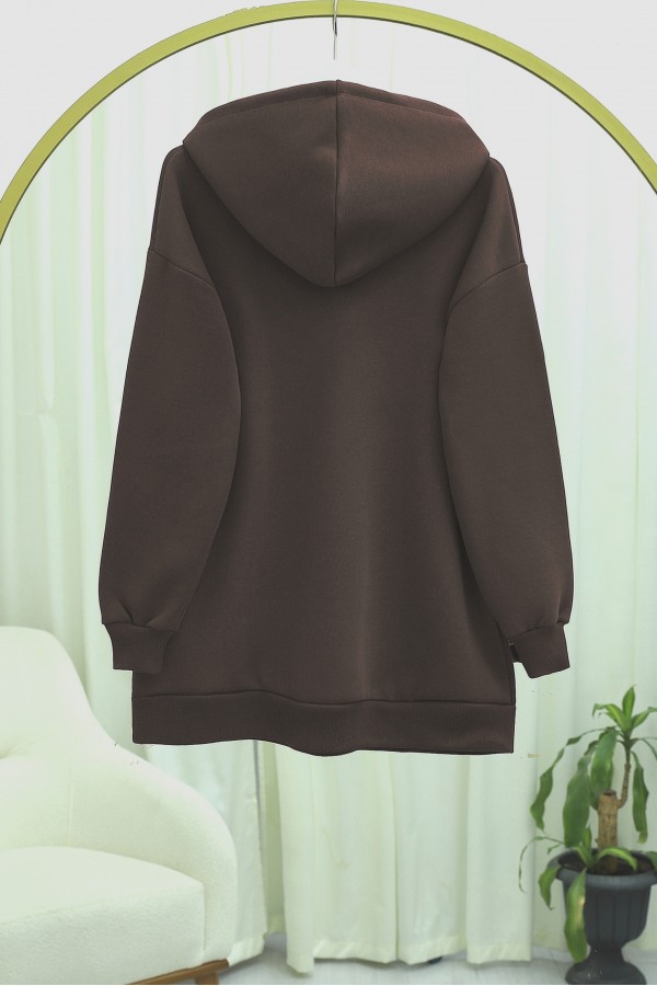 Bow Detailed Hooded Cotton Sweater  -Brown