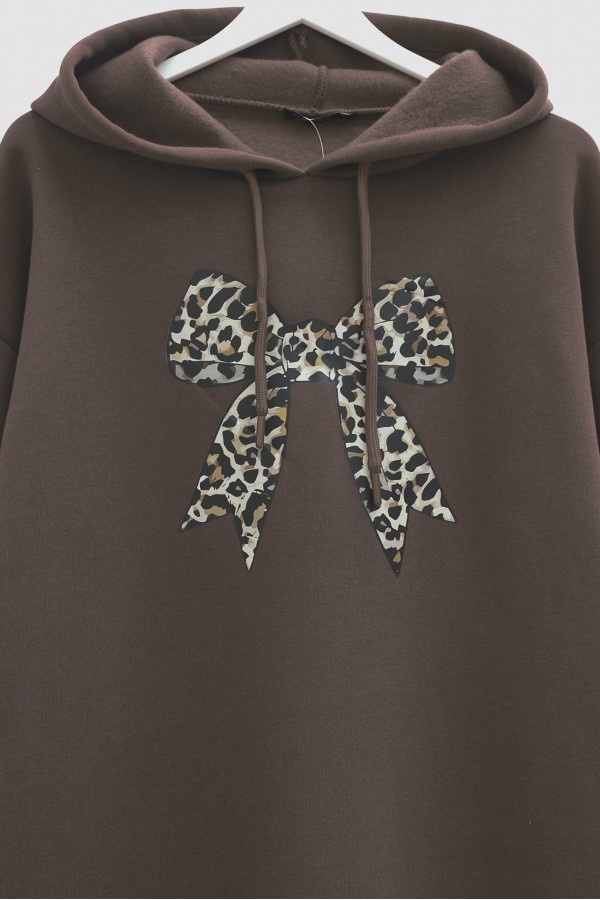 Bow Detailed Hooded Cotton Sweater  -Brown