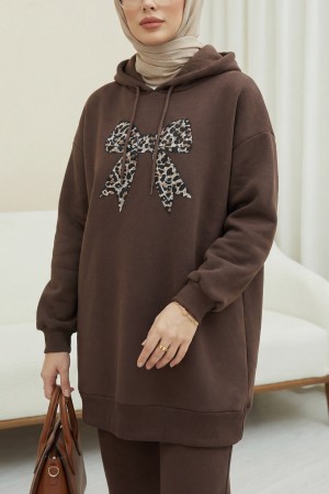 Fiyonk Detaylı Kapşonlu Penye Sweat  -Kahve