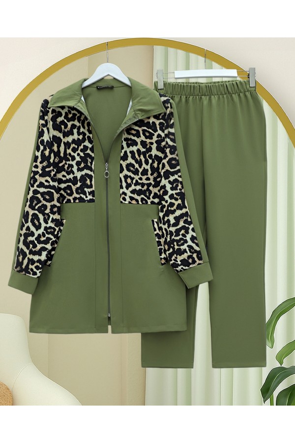 Shirt Collar Zippered Trouser Suit  -Khaki